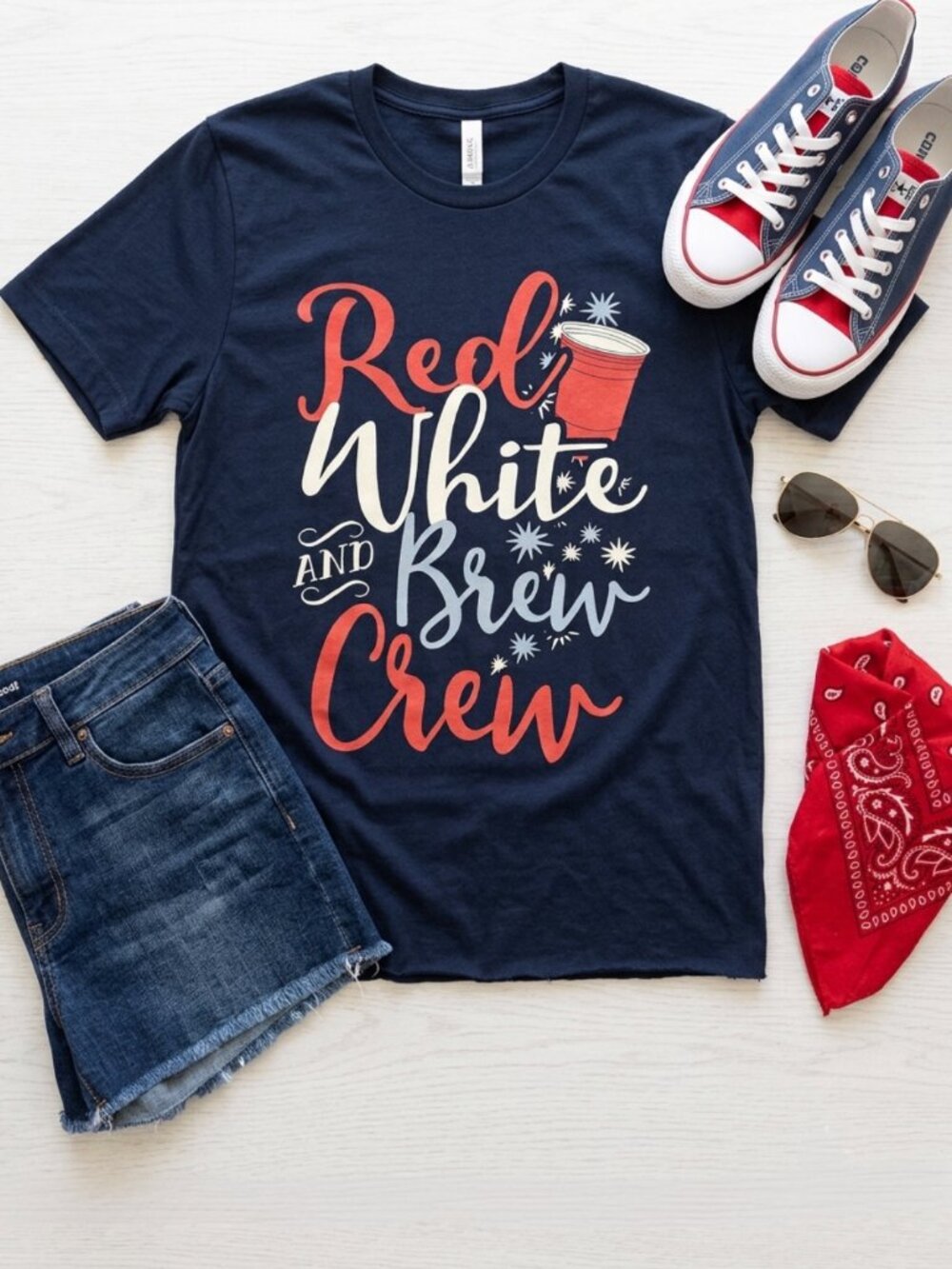 Navy Patriotic Red White & Brew Crew Drinking T-Shirt | Ladies L